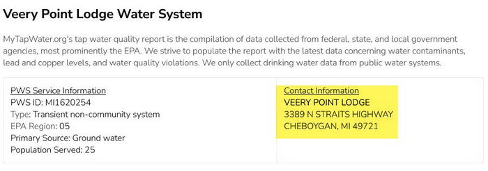 Veery Point Lodge (Veery Point Motel, Veery Point Hotel, Veery Point Resort) - Water Report Confirms Name